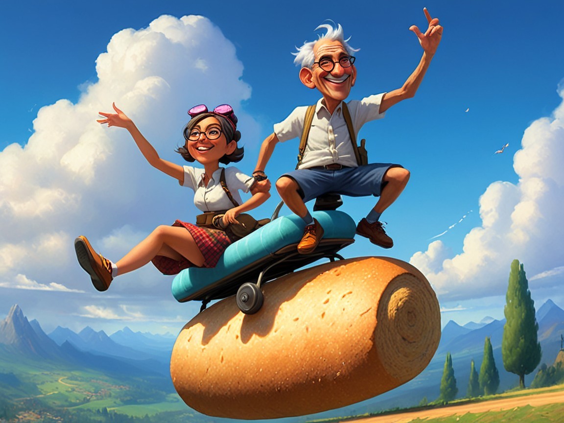 Whimsical Scene of Girl and Elderly Man on Bread Roll