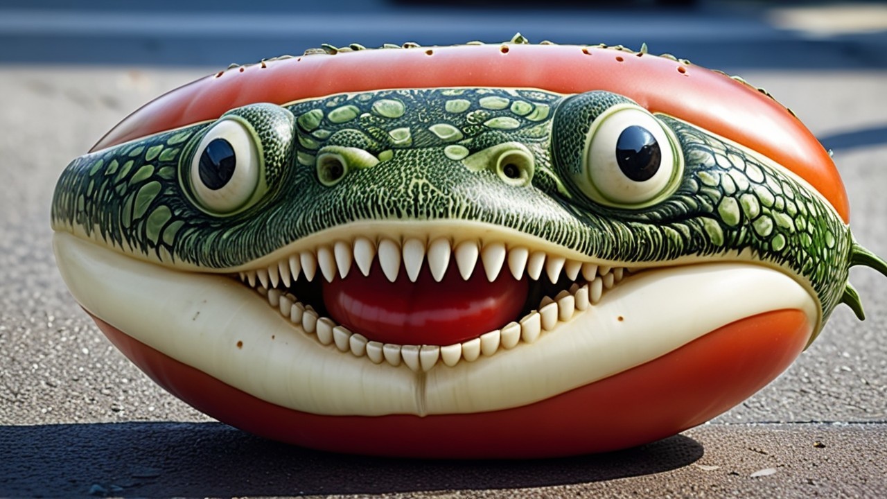 Whimsical Tomato with Cartoonish Reptilian Face