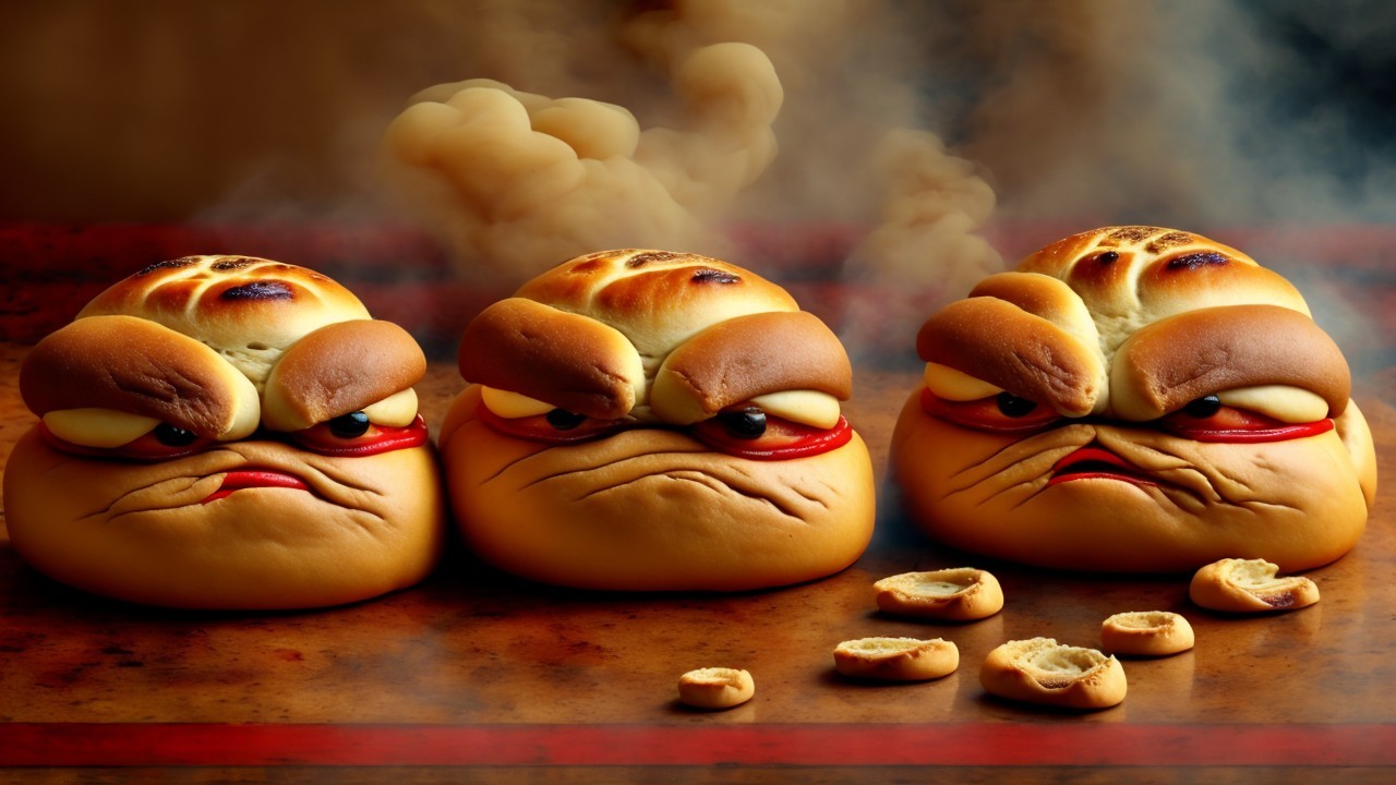 Cartoonish Bread Characters with Grumpy Faces on Wood