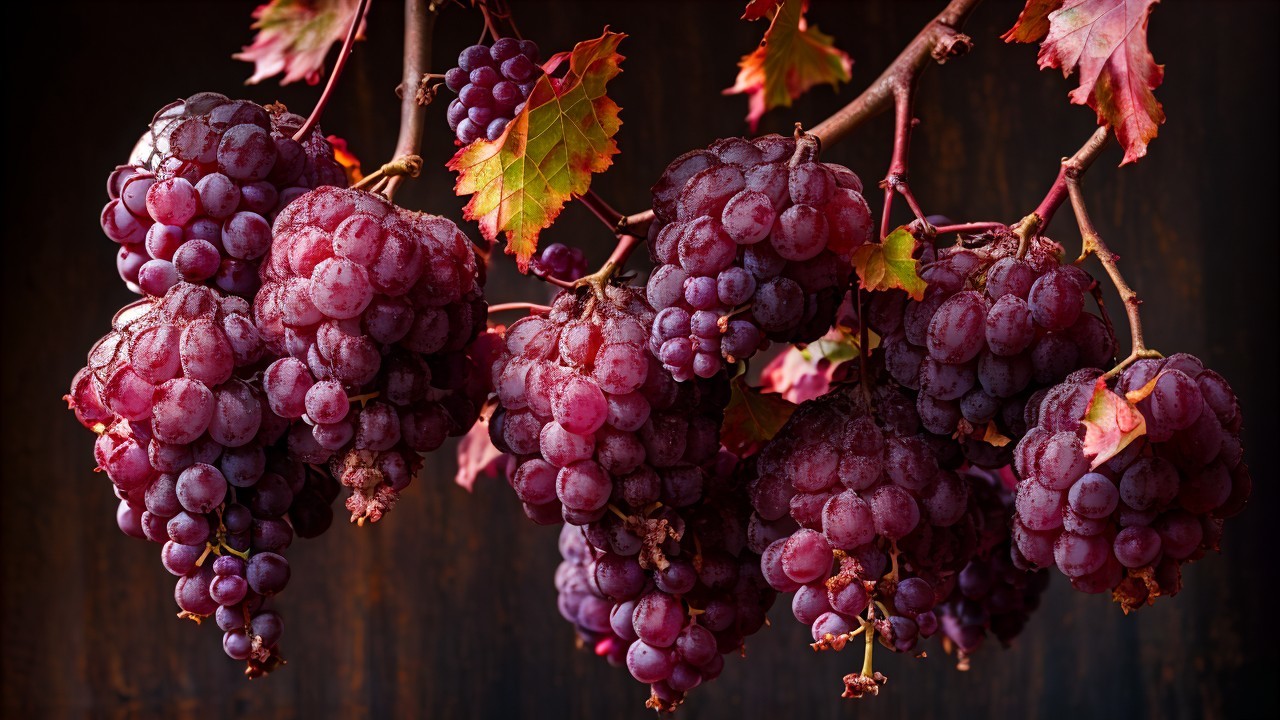 Close-up of Purple Grapes on Vine with Green Leaves