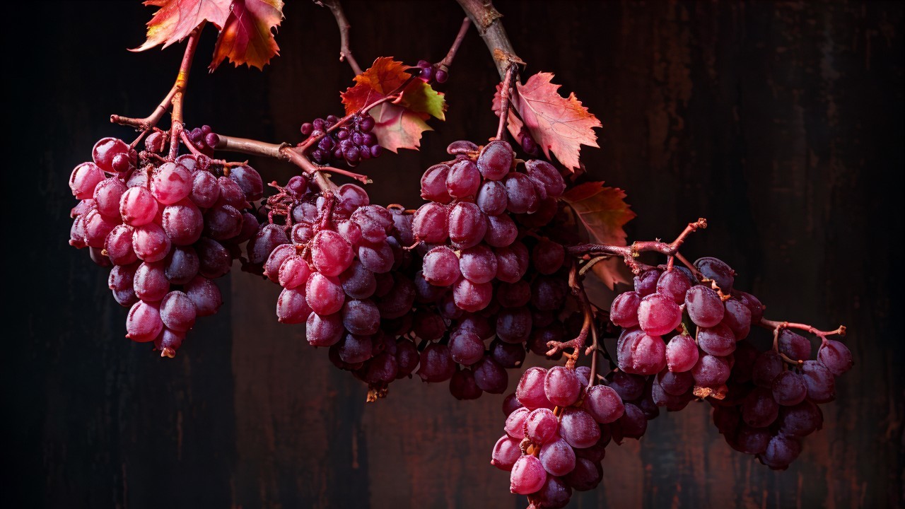 Lush Red Grapes with Autumn Leaves on a Vine