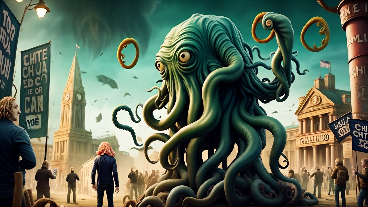 Giant Tentacled Creature in Surreal Town Square