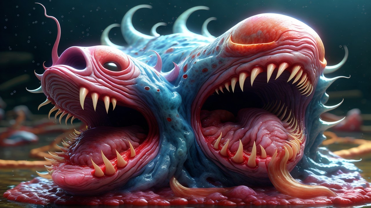 Surreal creature with two grotesque heads and tendrils
