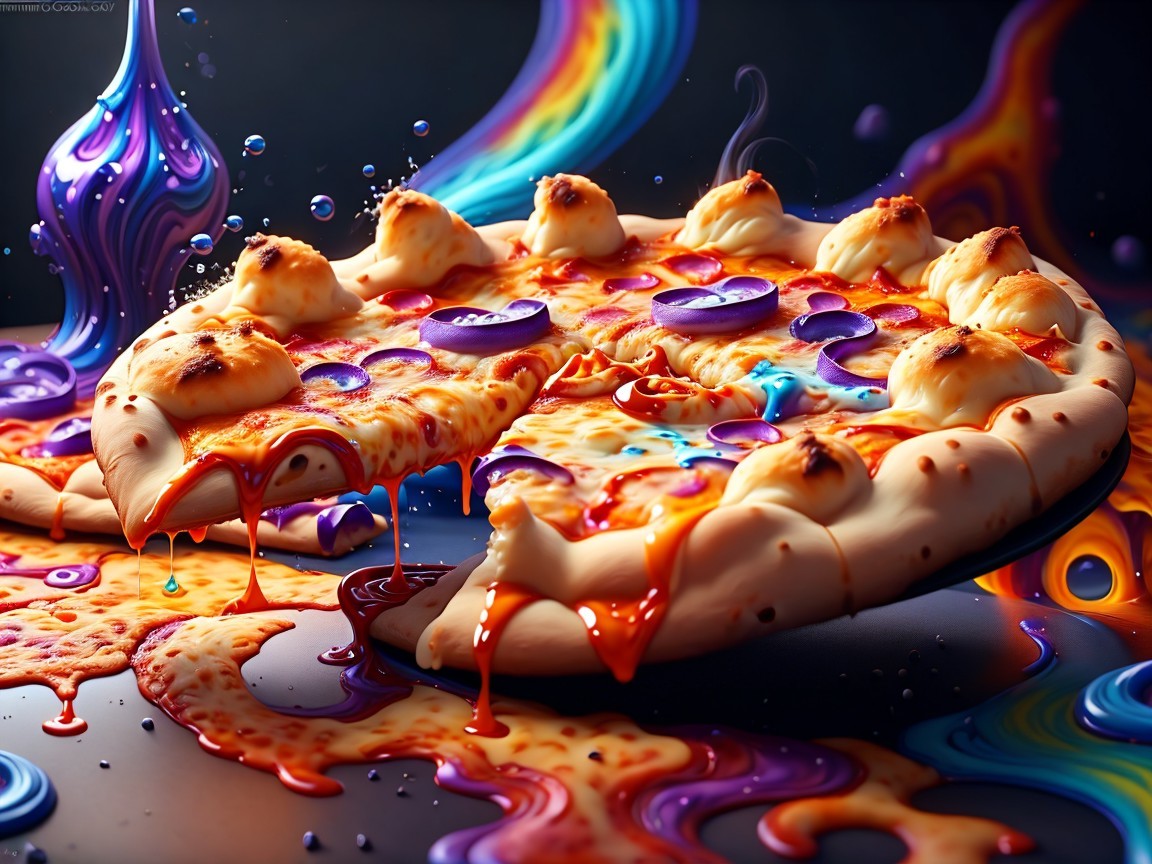 Surreal Colorful Pizza with Vibrant Toppings and Cheese