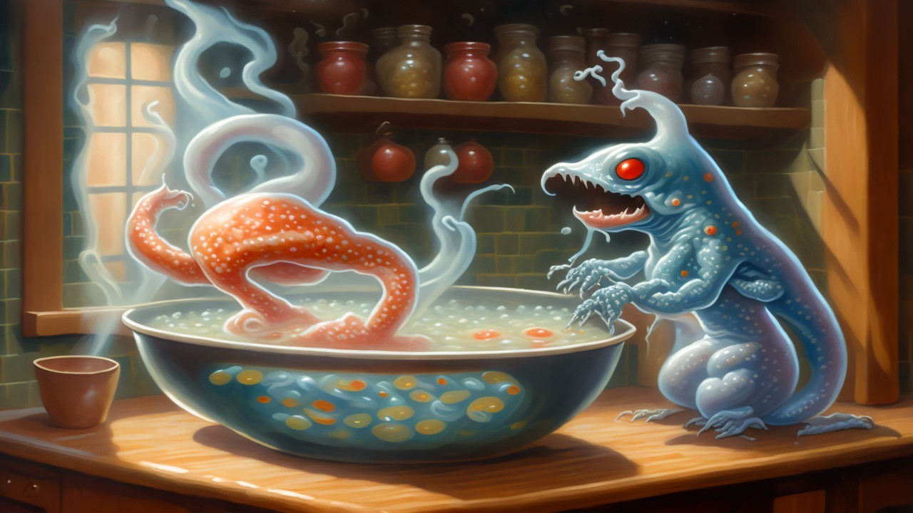 Whimsical Kitchen with Reptilian Creature and Gelatinous Mass