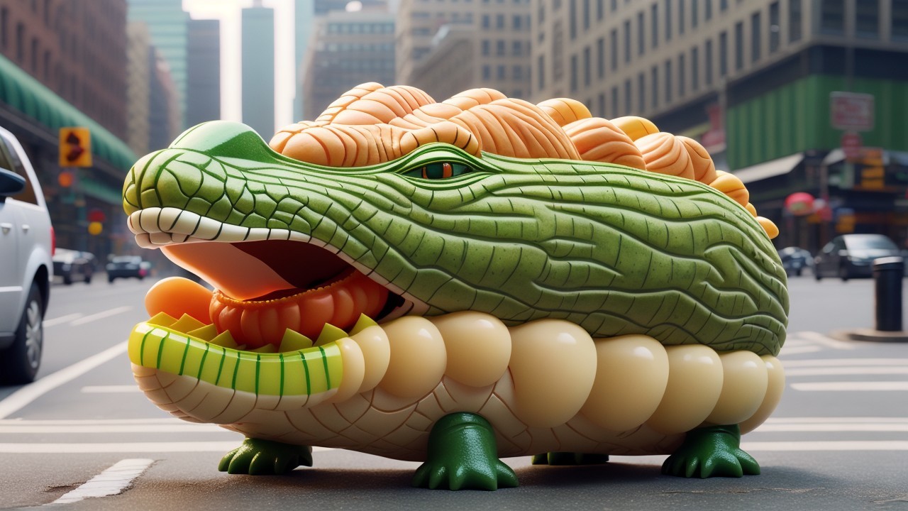Oversized Cartoon Crocodile with Urban Backdrop