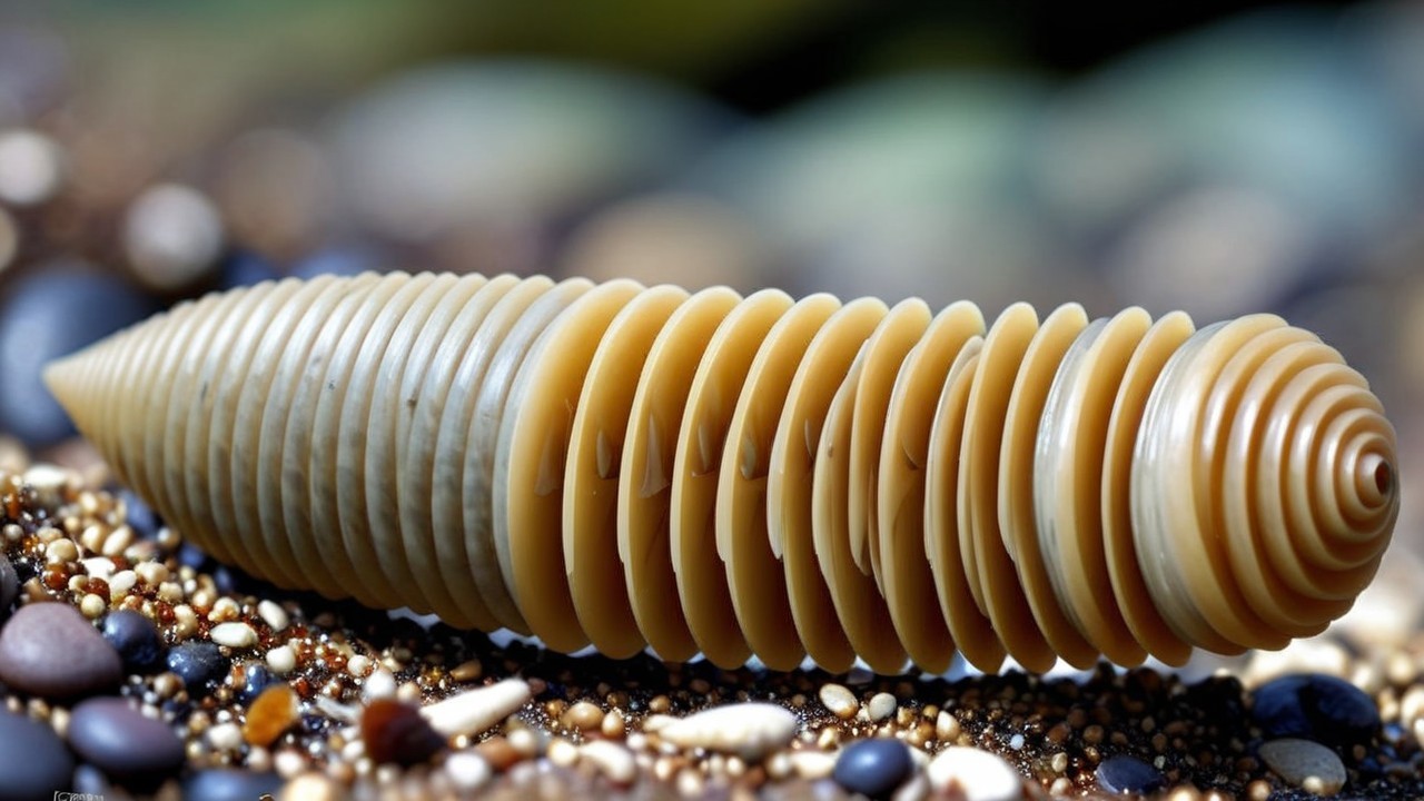 Elongated cone shell with spiral ridges on pebbles
