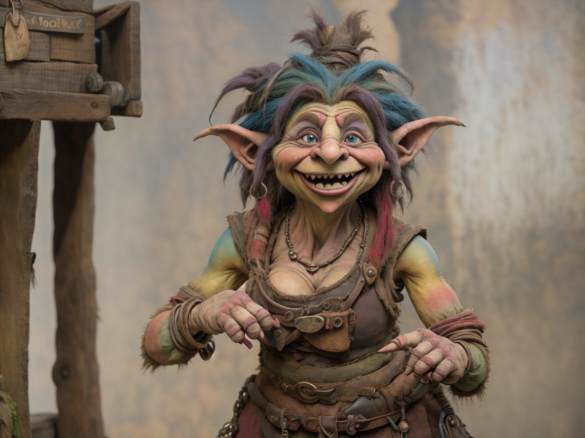 Close-up of a colorful troll puppet character