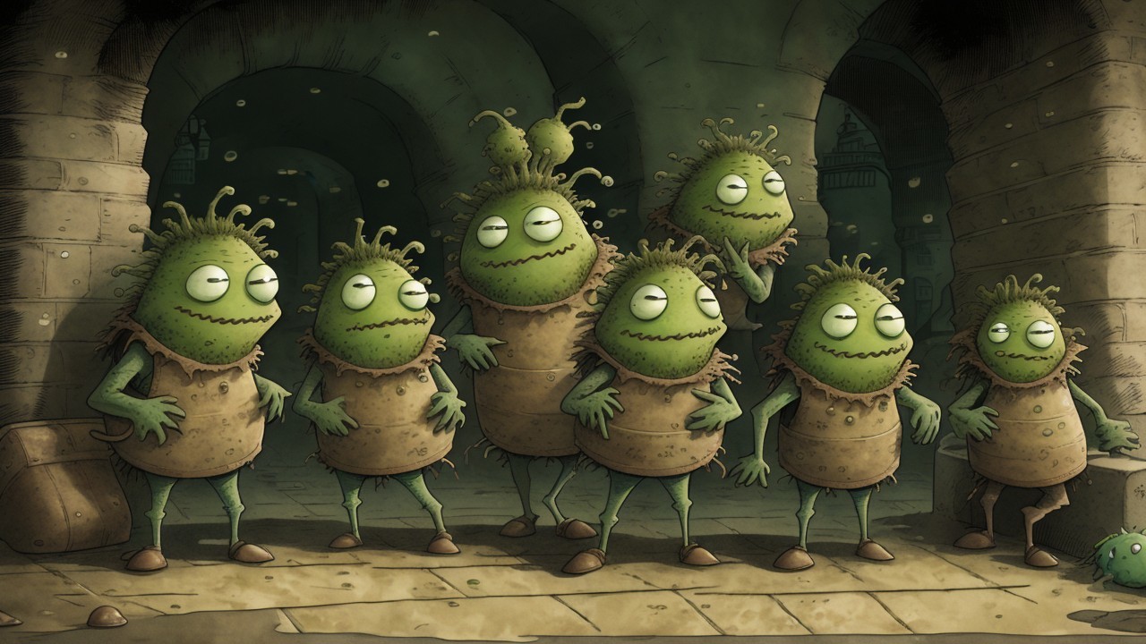 Cartoonish green creatures in a stone-walled setting