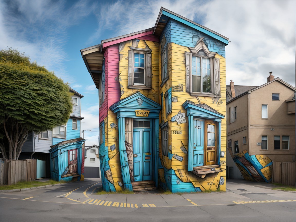 Vibrant Cartoonish Building at Street Corner Scene