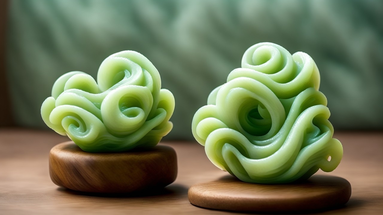 Swirl-Shaped Green Sculptures on Wooden Bases