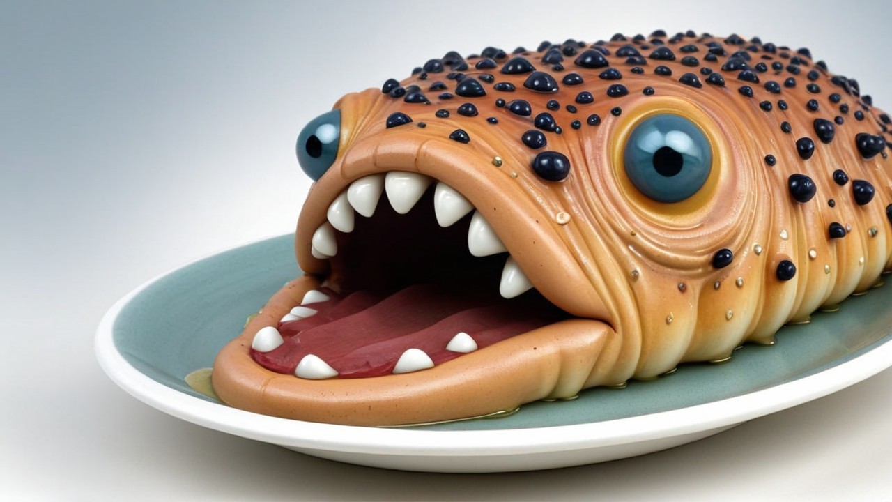 Whimsical Exaggerated Fish Sculpture on Blue Plate