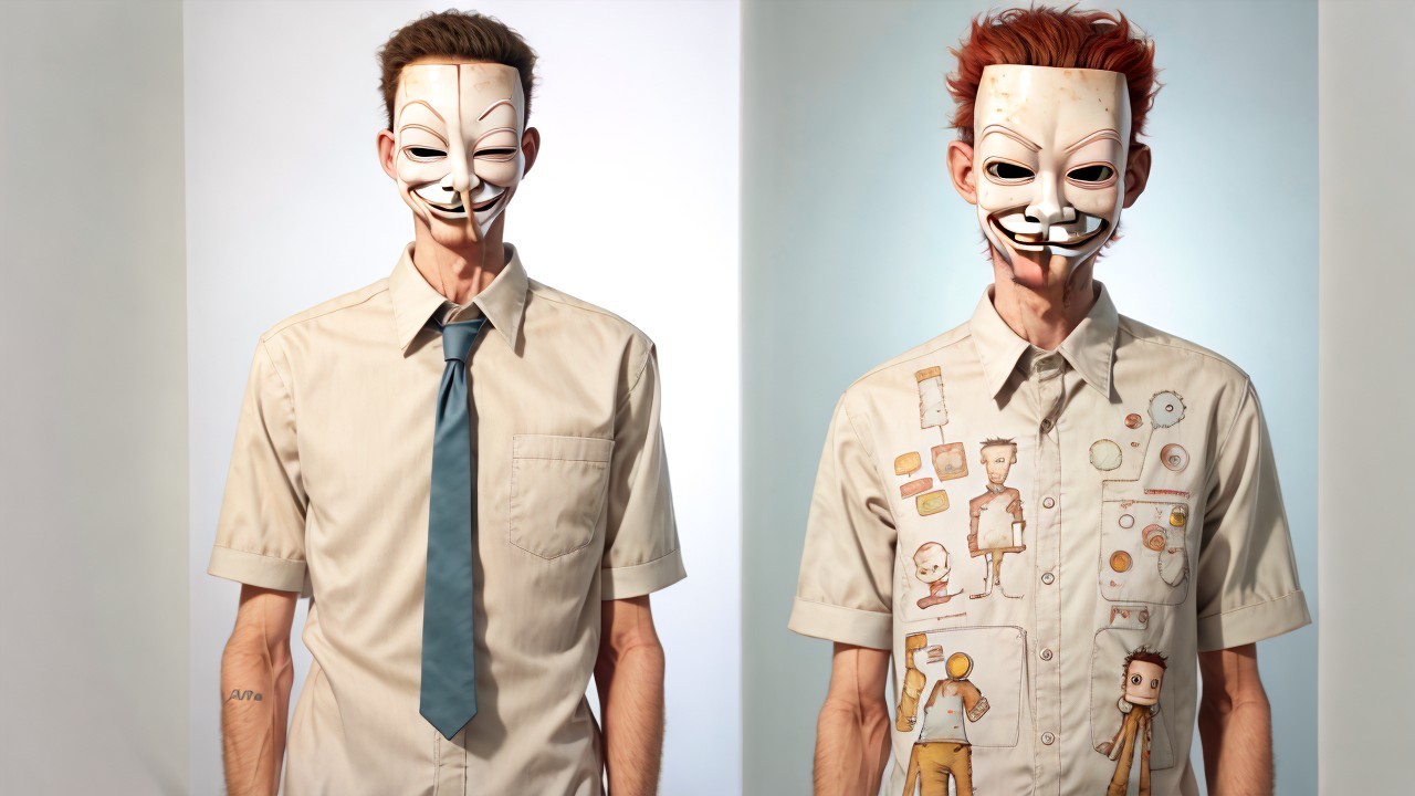 Stylized Figures with Theatrical Masks and Unique Attire