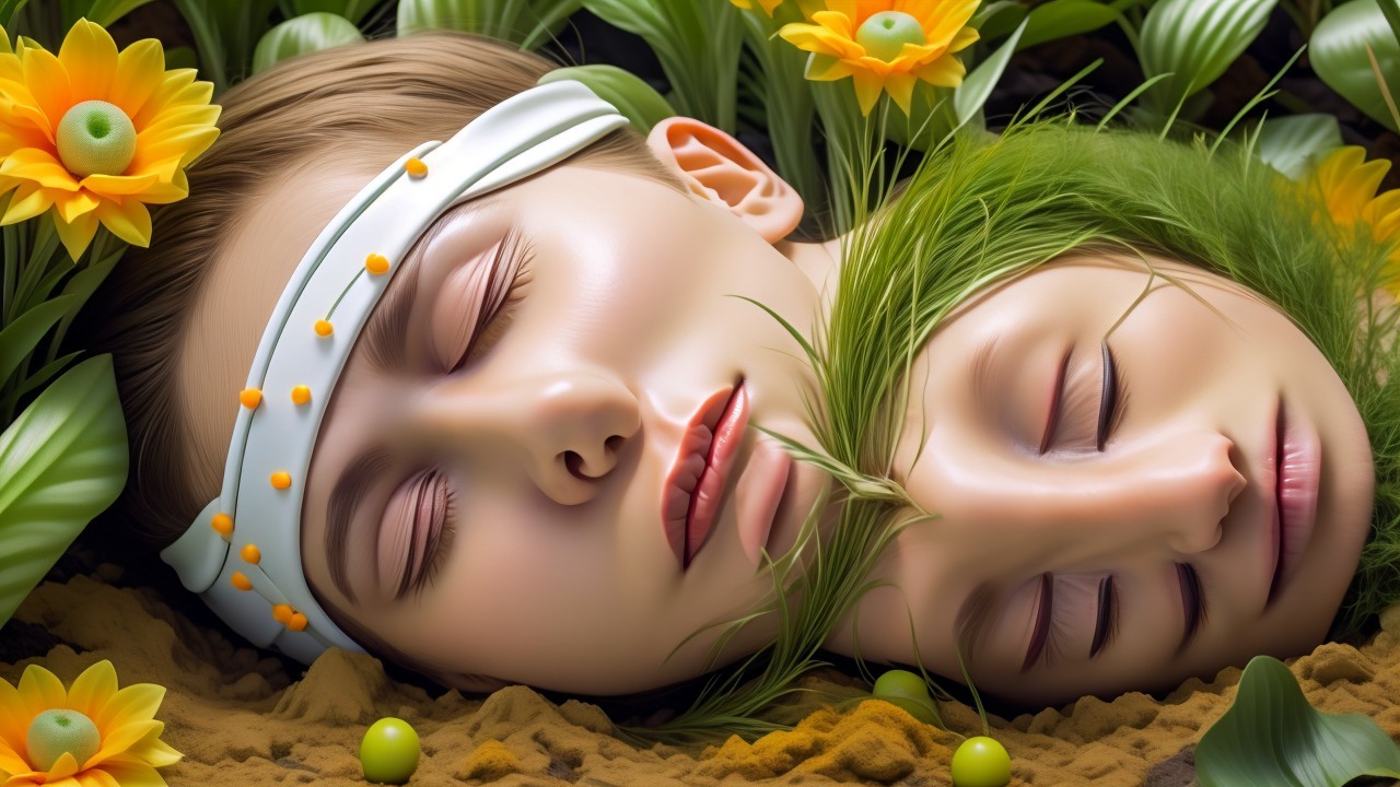 Serene Faces Surrounded by Earth and Vibrant Flowers