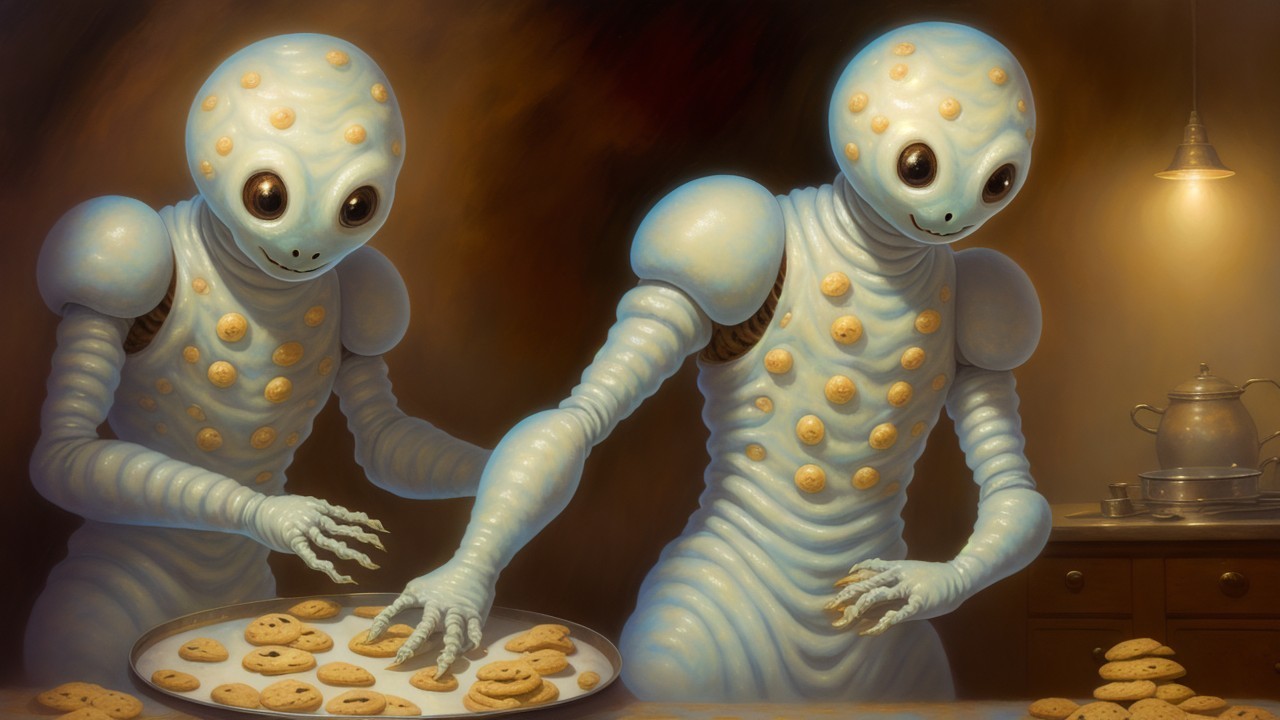 Whimsical Robots Arranging Cookies in Cozy Kitchen