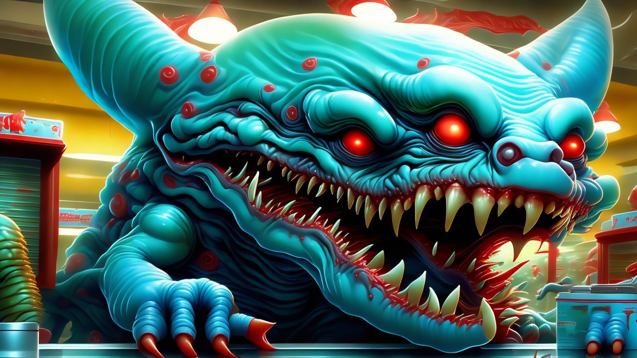 Cartoonish monster with blue skin and sharp red eyes