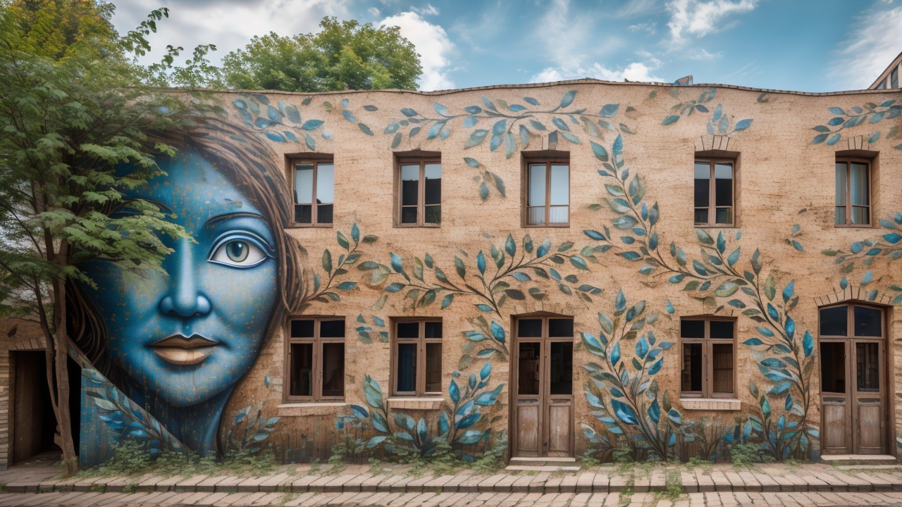 Mural of a serene face with vibrant foliage on brick building