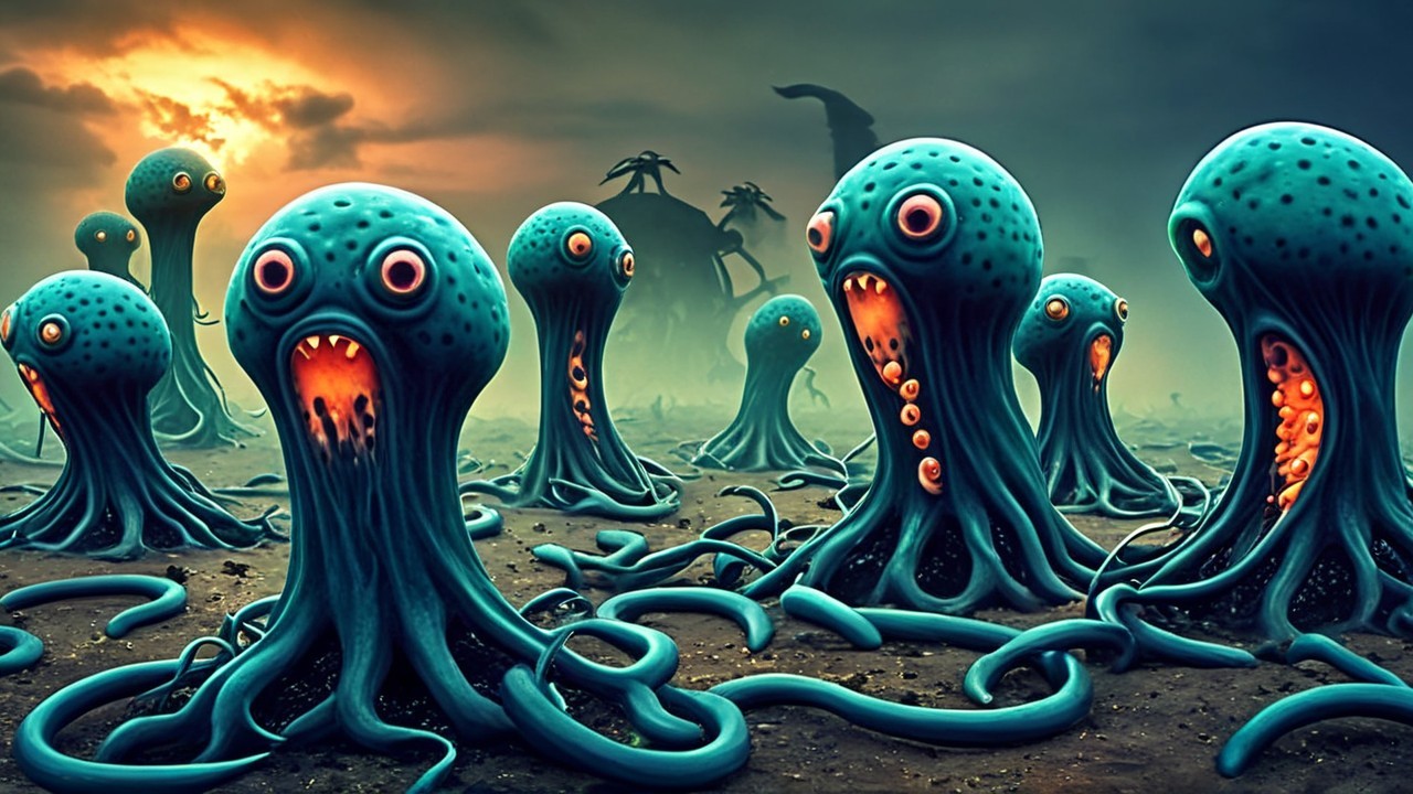 Whimsical Octopus Creatures in Surreal Landscape