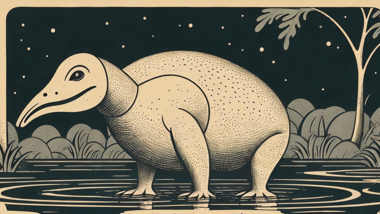 Stylized dinosaur-like creature in a surreal landscape