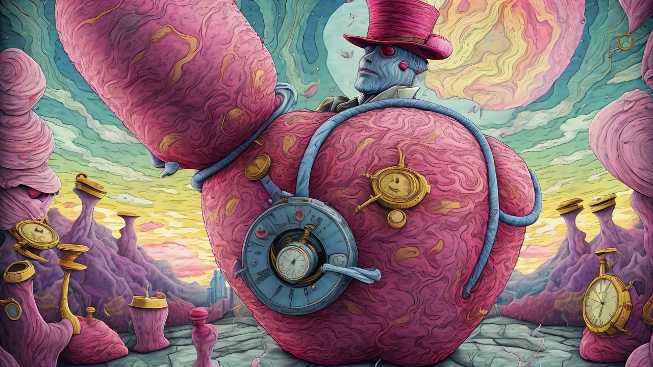 Surreal Landscape with Pink Brain Figure and Whimsical Mountains