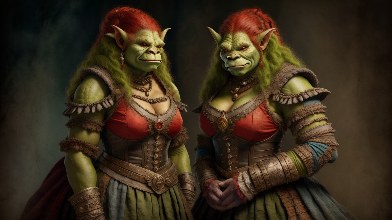 Green-Skinned Goblin Characters in Vintage Dresses
