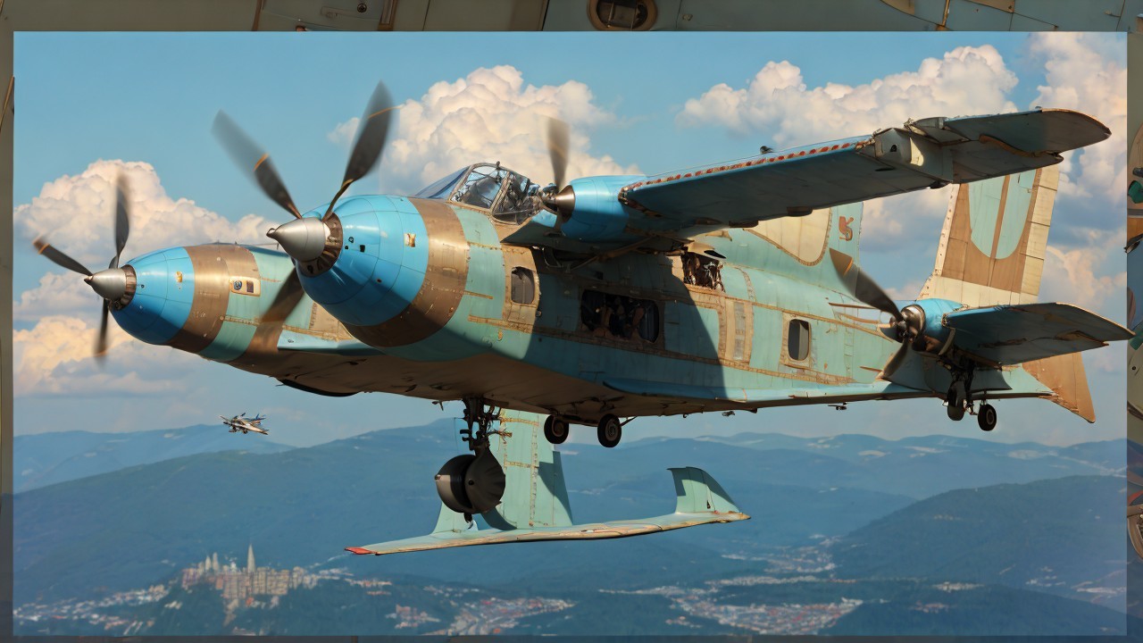 Vintage Aircraft in Blue and Tan Camouflage Flying
