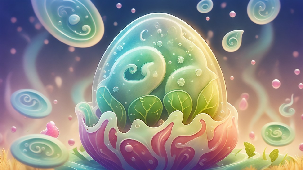 Translucent Egg Surrounded by Vibrant Greenery and Mist