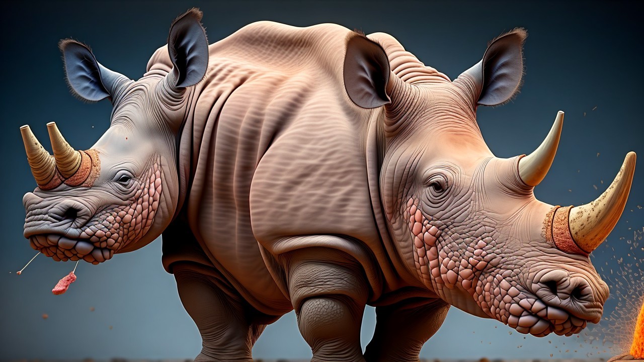Two-Headed Rhinoceros Creature in Dramatic Pose
