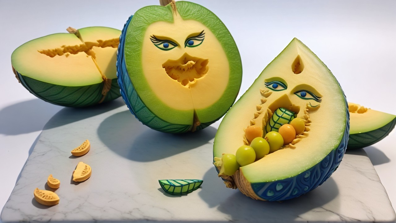 Colorful Carved Melons with Playful Expressions