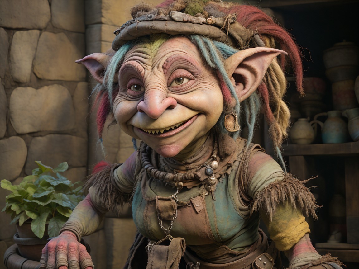 Close-up Portrait of a Mischievous Female Goblin