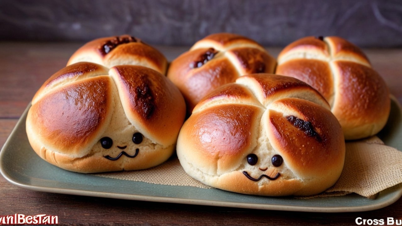 Golden-brown buns with smiling faces and patterns