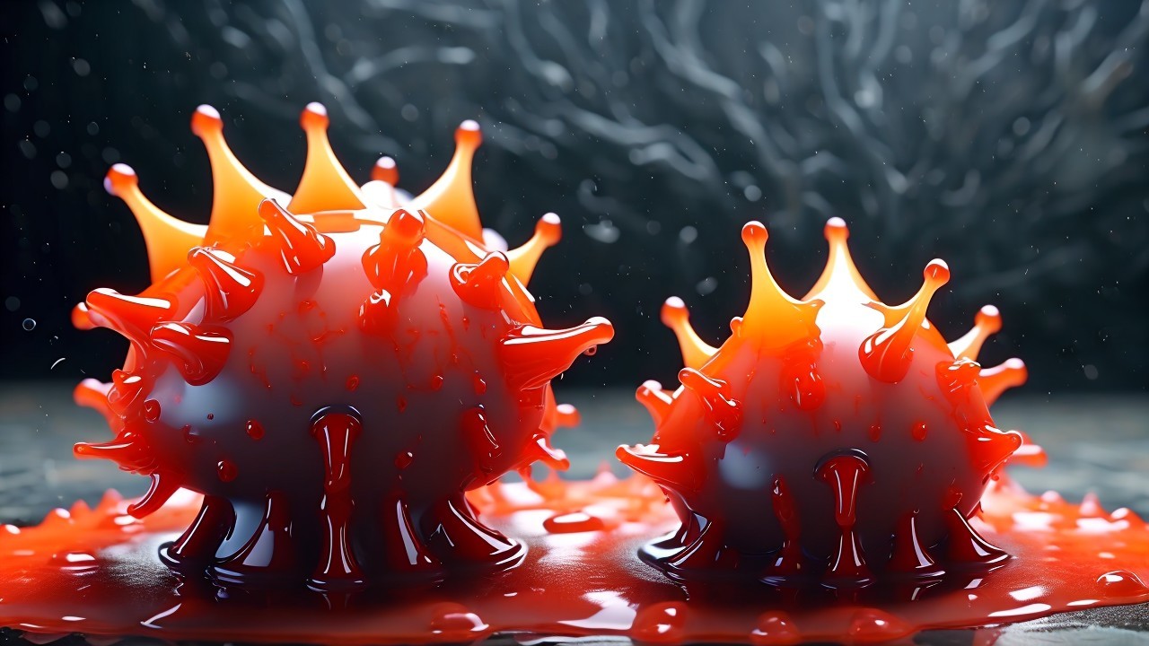 Abstract Virus-Like Spheres in Glossy Red Liquid