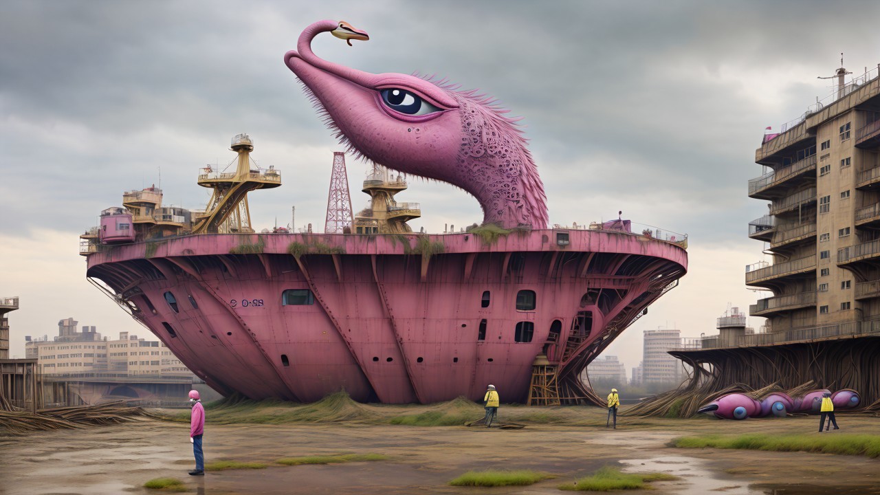 Surreal Landscape with Flamingo Creature and Figures