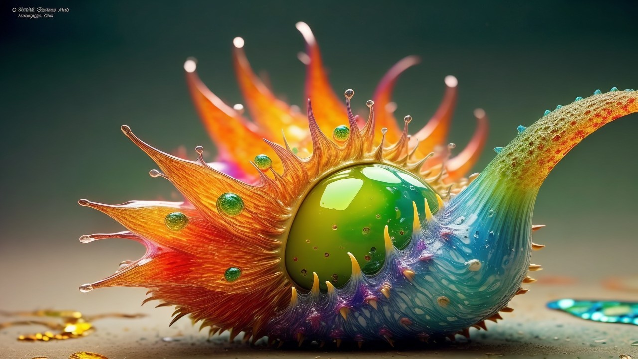 Surreal Abstract Design with Glossy Green Orb and Shell