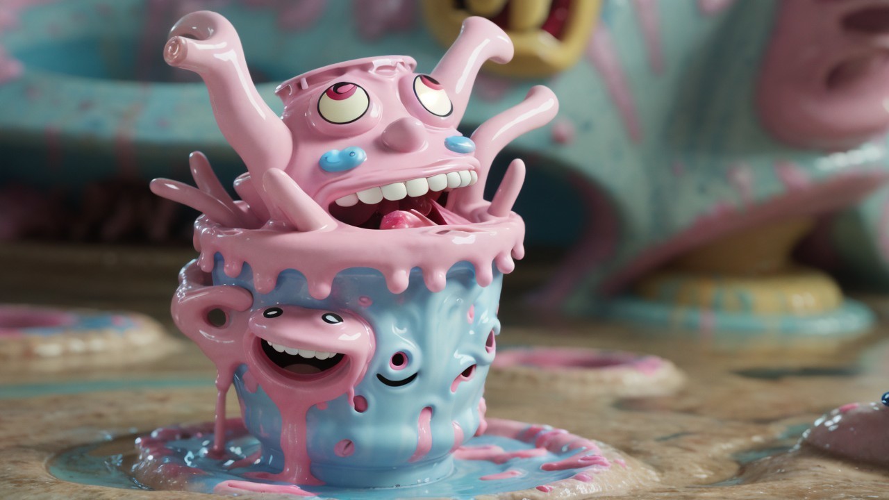 Colorful Cartoonish Gooey Cup Character with Blobs