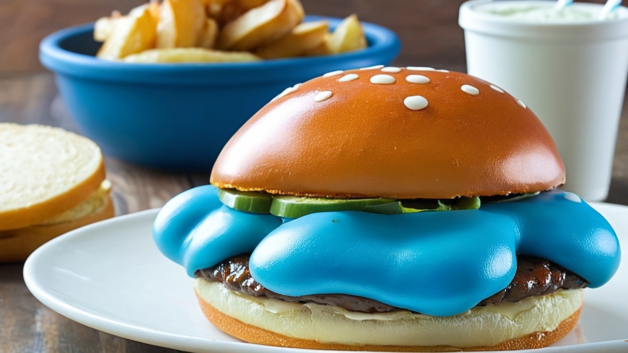 Vibrant Burger with Blue Sauce and Crispy Fries