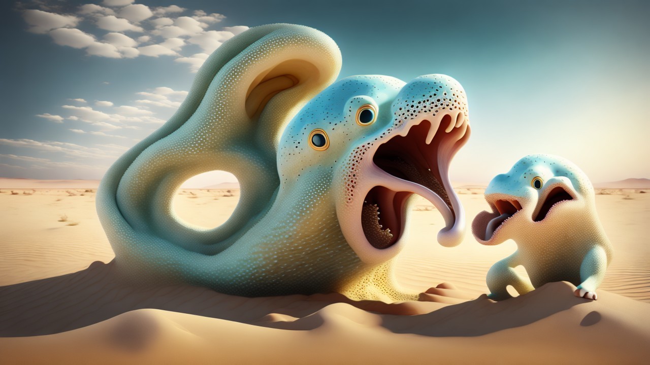Surreal Desert Landscape with Whimsical Dragon Creatures