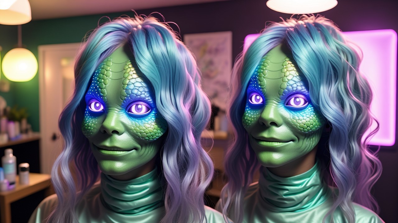 Humanoid Figures with Reptilian Skin and Blue Eyes