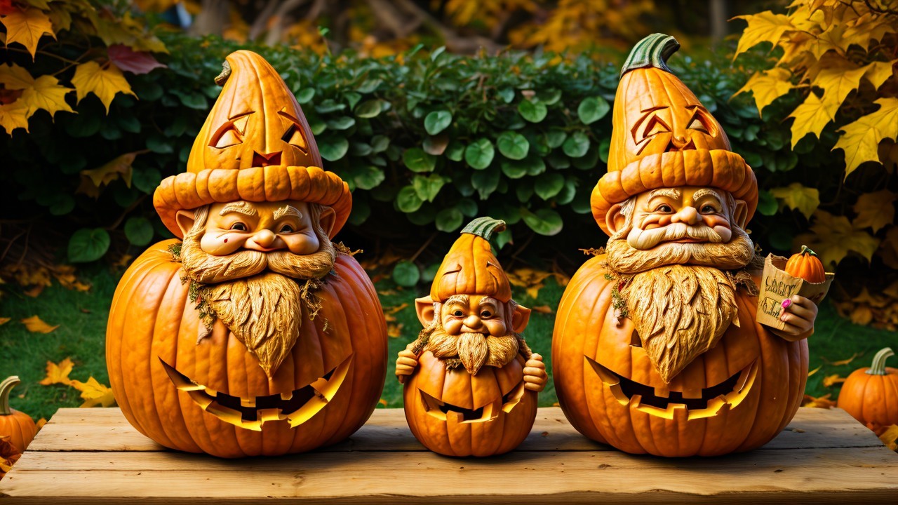 Whimsical Pumpkin Figures with Autumn Foliage Display