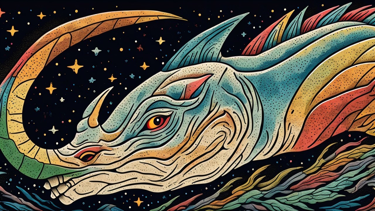 Mythical creature gliding through a starry night sky