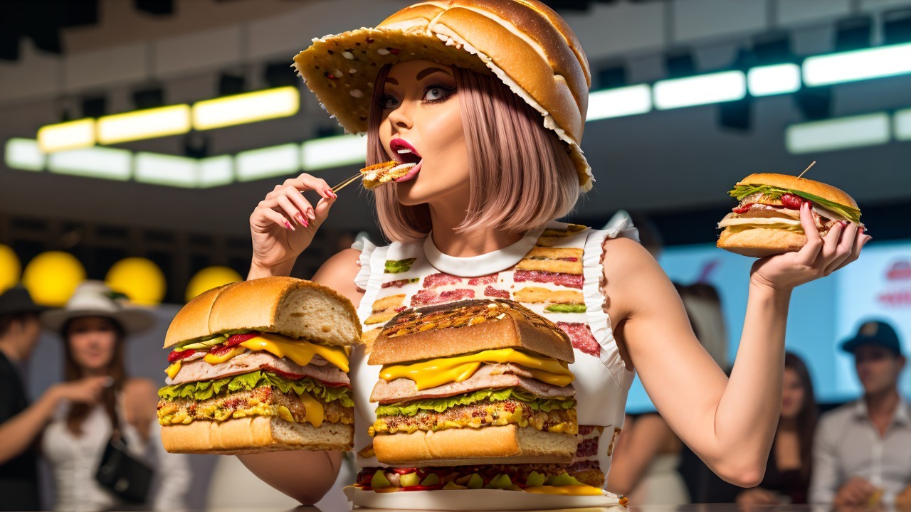 Whimsical Hamburger-Themed Outfit at Food Event