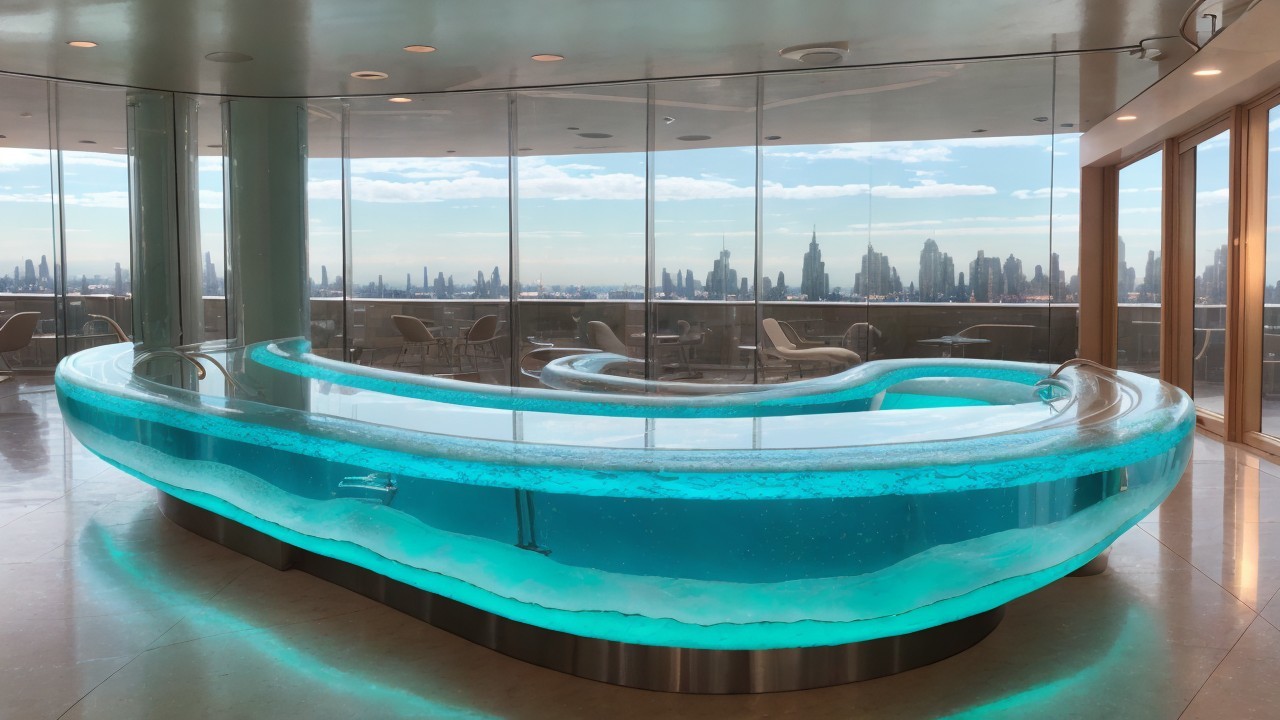 Modern spa area with infinity pool and city skyline