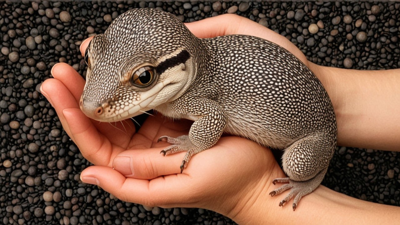Large patterned lizard held against dark pebbles backdrop