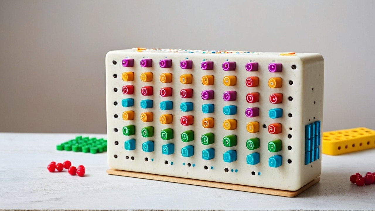 Colorful Educational Toy with Buttons and Building Pieces