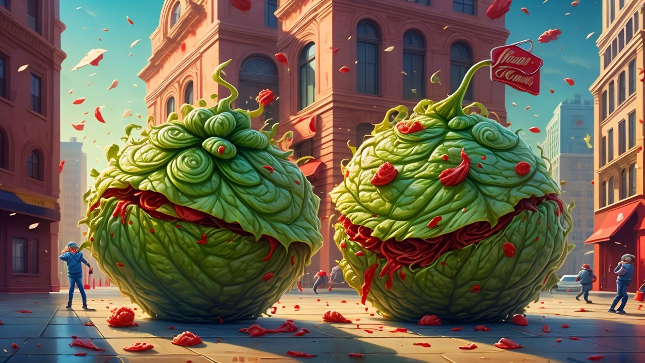 Giant Whimsical Fruit Creatures in Urban Scene