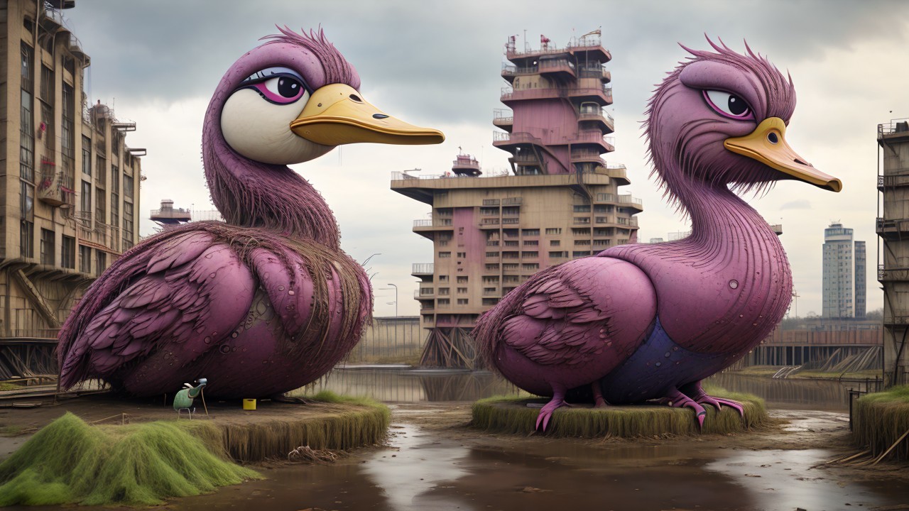 Cartoonish pink ducks in an industrial landscape