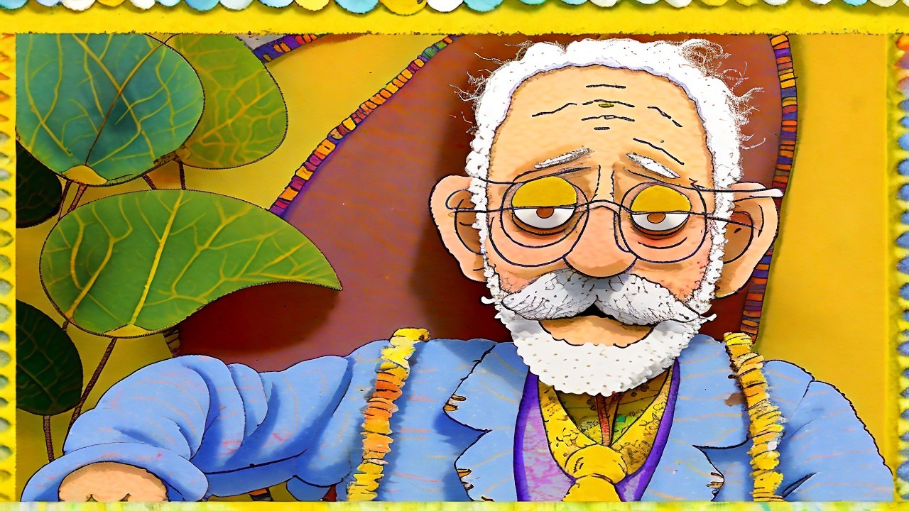 Whimsical elderly man in colorful suit with plant