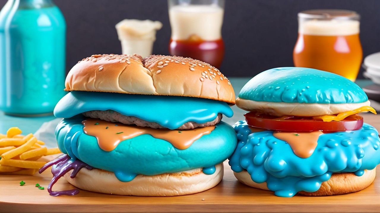 Colorful Burgers with Frosting Toppings and Fries