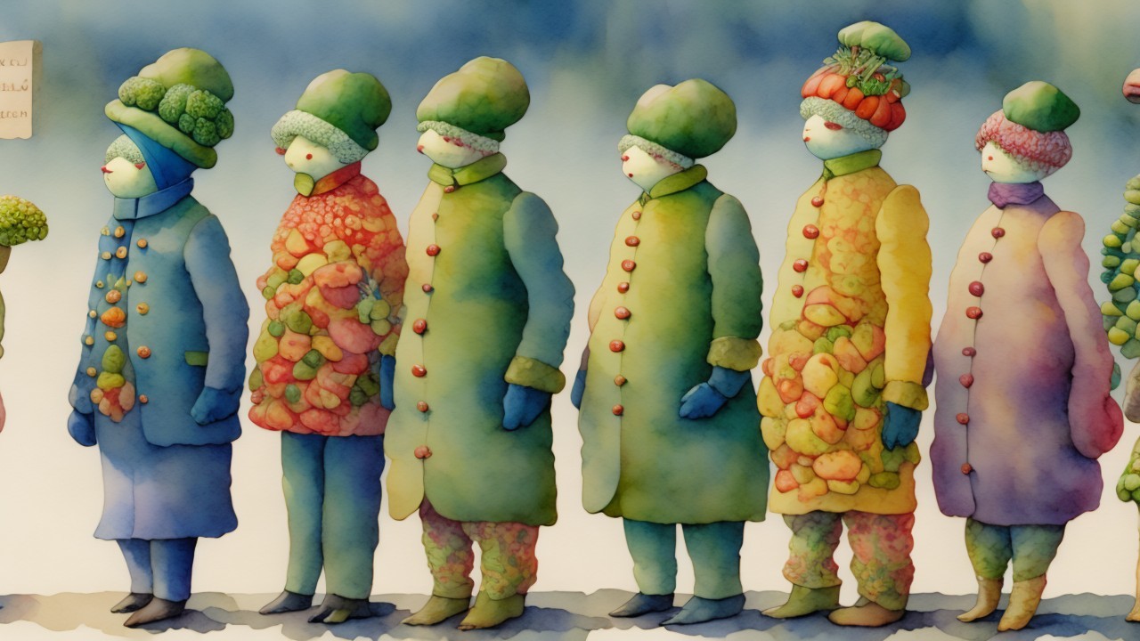 Whimsical Figures in Colorful Produce-Themed Coats