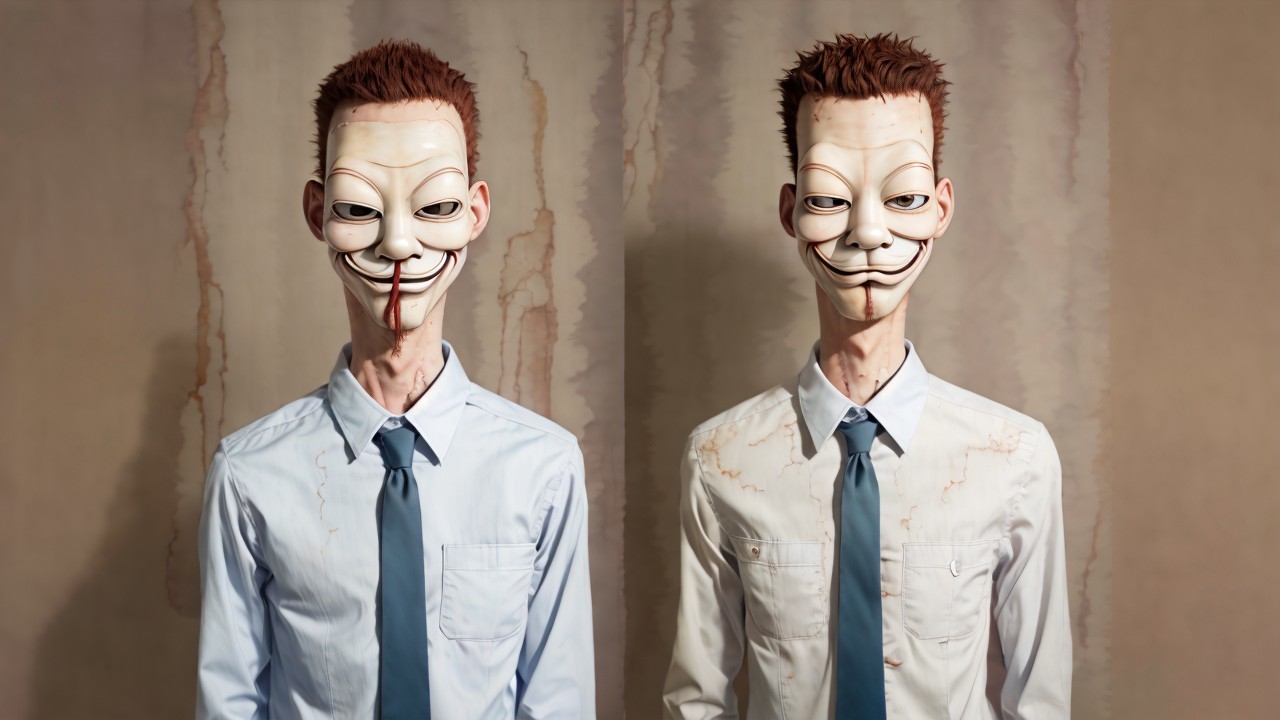 Humanoid Figures in Unsettling Masks and Shirts